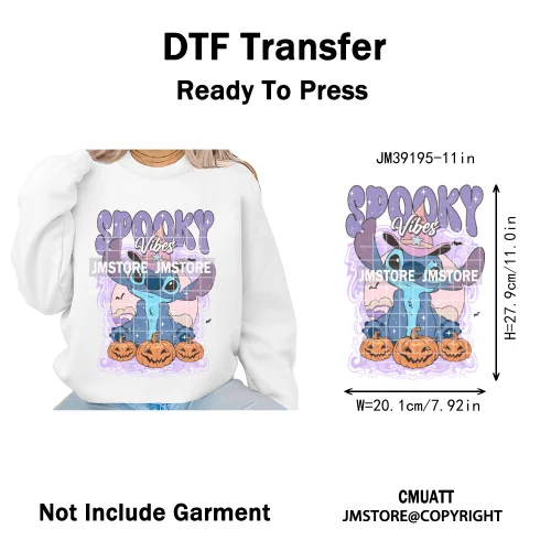 Funny Halloween Spooky Vibes Cartoon Characters Pumpkin Iron on DTF Washable Transfers Stickers Ready to Press for T-shirts Bags