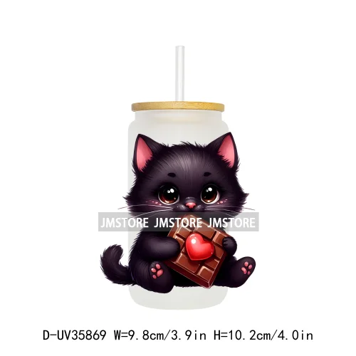 Valentine's Day Black Cat Couple UV DTF Transfer Stickers Decals Ready To Apply Waterproof For 16OZ Libbey Glass Can Cup Tumbler