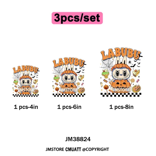 Cute Checkered Spooky Doll Monster Characters Halloween Iron on DTF Washable Heat Transfers Stickers Ready to Press for Textile