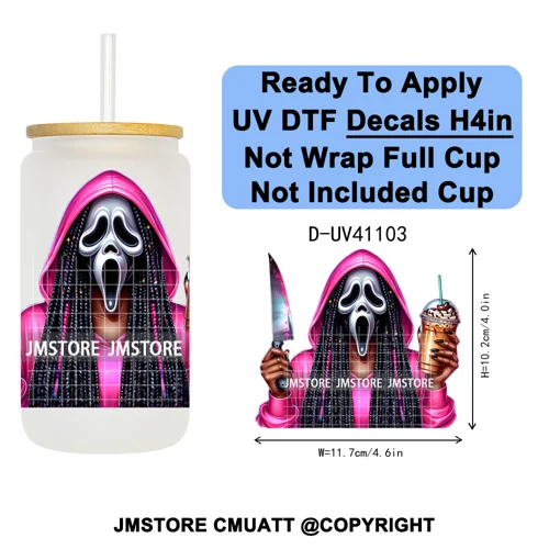 Scary Movie Character Afro Girls Halloween UV DTF Transfer Stickers Decals Ready To Apply Waterproof For 16OZ Libbey Glass Can