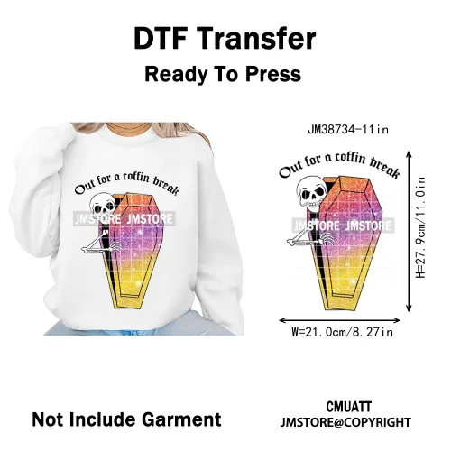 Funny Spooky Season Skelleton Coffin Break Sarcastic Halloween Puns Iron on DTF Transfer Sticker Ready to Press for Clothes Bags