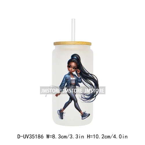 Fashion Black Chibi Denim Girl UV DTF Transfer Stickers Decals Ready To Apply Waterproof For 16OZ Libbey Glass Can Cup Tumbler