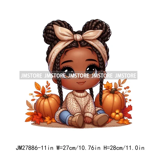 New Autumn Chibi Black Baby Girls Cartoon Afro Princess Pumpkin Fall Season DTF Iron On Heat Press Transfer Stickers For Hoodies