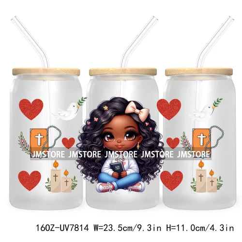 Cute Black Afro Girls 16OZ UV DTF Cup Wrap Transfer Stickers For Libbey Glass Can Cups Tumbler Waterproof Labels Christian Cross