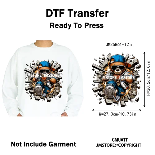 12in Hip Hop Vibes Urban Style Rich Bear With Gold Chains King Animal Iron on DTF Transfers Stickers Ready to Press for Textile
