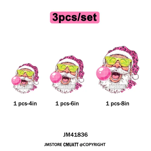 Pink Cartoon Glasses Coffee Drink Leopard Blowing Santa Claus Christmas Iron on DTF Transfer Stickers Ready to Press for T-shirt
