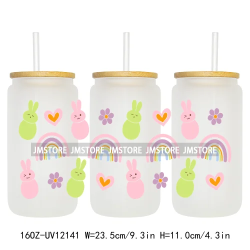 Retro Easter Bunny Rabbit Eggs Flowers 16OZ UV Cup Wrap DTF Transfer Stickers For Libbey Glass Can Cup Tumbler Waterproof Labels