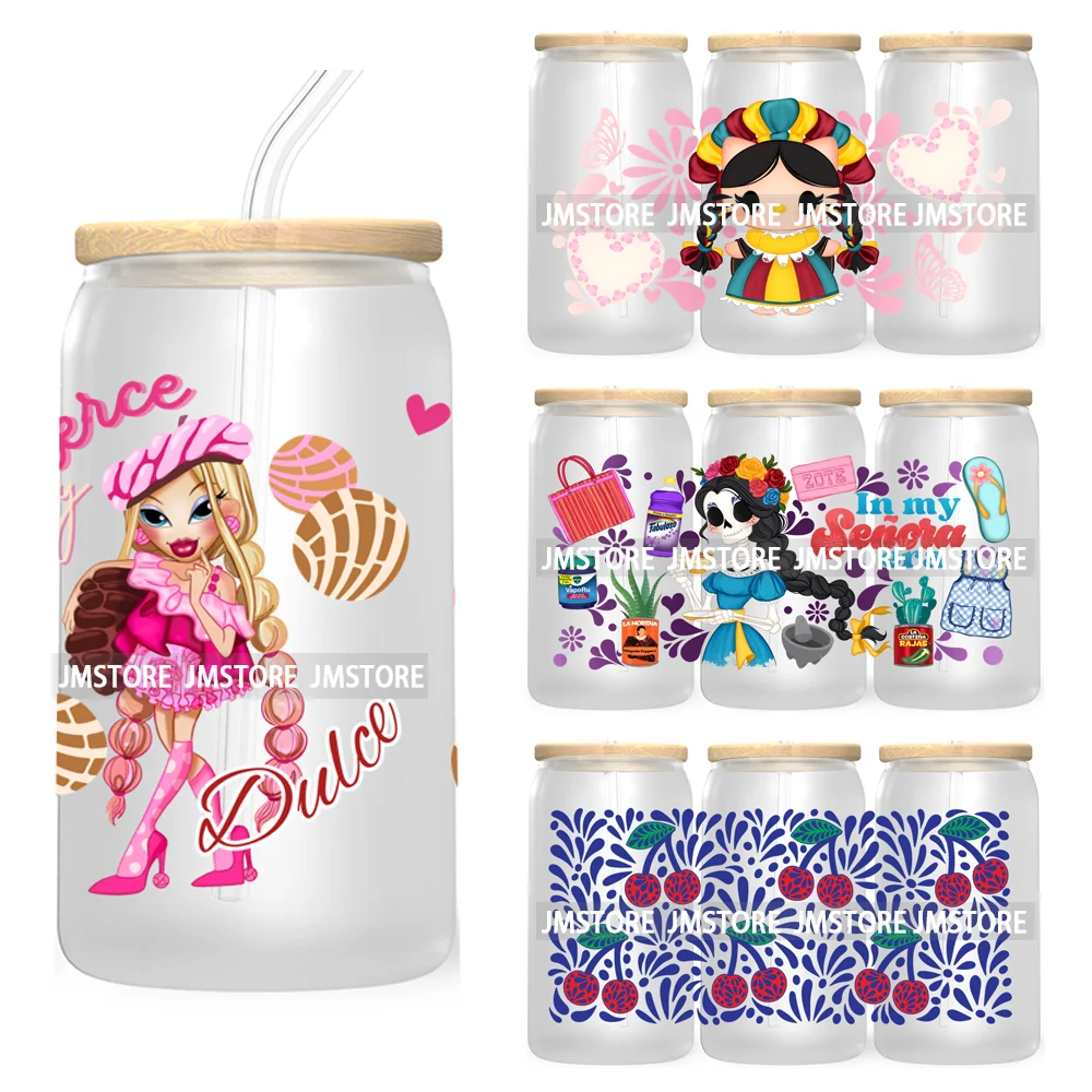 Mexican Butterfly Flowers 16OZ UV DTF Cup Wrap Transfer Sticker Custom Label Waterproof Logo For Libbey Glass Can Latina Culture