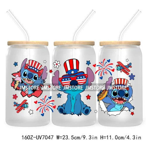 Happy 4TH Of July Cartoon Bear Friends 16OZ UV DTF Cup Wrap Transfer Stickers For Libbey Glass Can Cups Tumbler Waterproof Craft