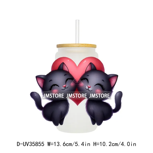 Valentine's Day Black Cat Couple UV DTF Transfer Stickers Decals Ready To Apply Waterproof For 16OZ Libbey Glass Can Cup Tumbler