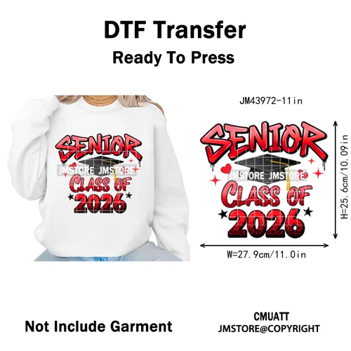 Preppy Coquette Senior 2026 Mega Graduate Cap Varsity Iron on Washable DTF Heat Transfers Stickers Ready to Press for Textiles