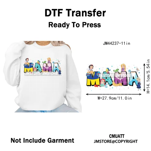 Cartoon Mama Princess Happy Mother's Day Family Vacation Iron on Washable DTF Heat Transfers Stickers Ready to Press for Hoodies