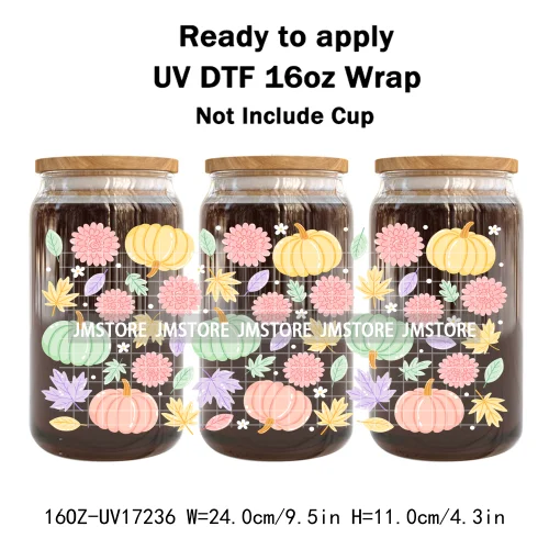 Bookish Autumn Fall Coquette Pumpkins Season UV DTF Wraps Transfer Sticker Selfadhesive Waterproof For 16OZ Libbey Glass Can Mug