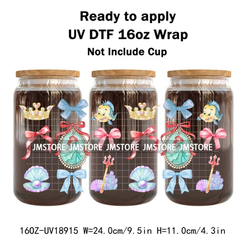 Coquette Bow Cartoon Princess Mirror UV DTF Cup Wrap Ready To Apply Transfer Stickers Waterproof Logo For 16OZ Libbey Glass Can