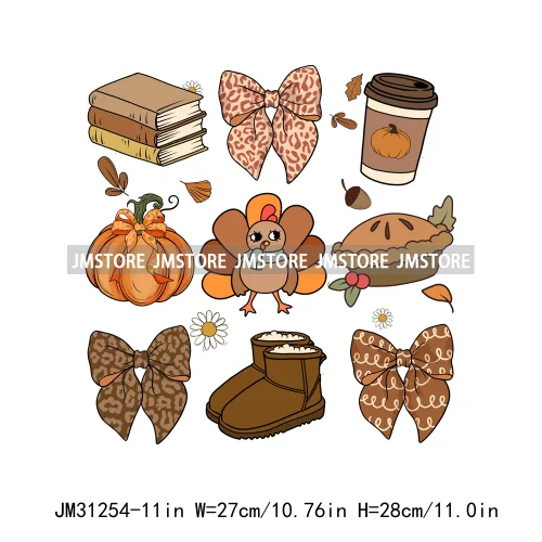 Thanksgiving Coquette Bow Pumpkin Cute Turkey Quotes Give Thanks Jesus Iron On DTF Transfers Stickers Ready To Press For Shirts