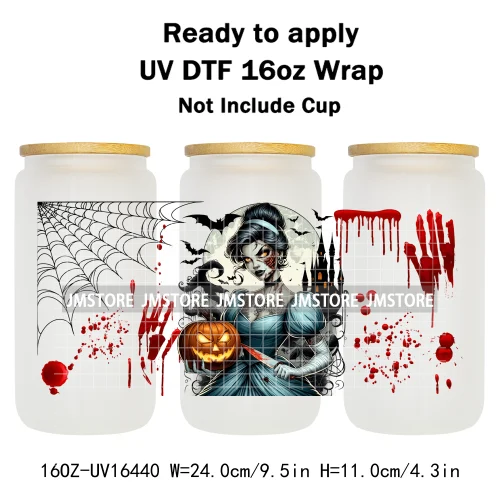 Halloween Witch Princess Bat Pumpkin UV DTF Wraps Transfer Stickers Waterproof High Quality For 16OZ Libbey Glass Can Tumbler