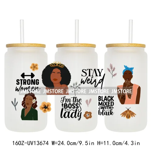 Lady Girl Power Black Woman Affirmations UV DTF Wraps Transfer Sticker Waterproof High Quality For 16OZ Libbey Glass Can Tumbler