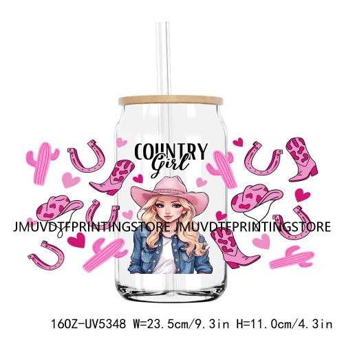 Country Girl Western Cow Hat Boots 16OZ UV DTF Cup Wrap Transfer Stickers Custom Labels DIY Waterproof Logo For Libbey Glass Can