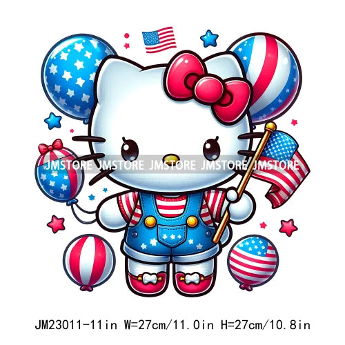 Funny Cute Cartoon Cat Character 4th Of July Flag Patriotic Independence Day Design Iron On DTF Transfer Stickers For Clothing