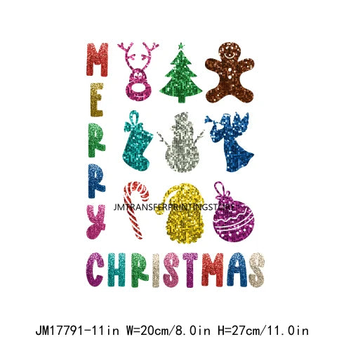 Faux Sequins Happy New Year 2024 Printing Santa Baby Reindeer Merry Christmas DTF Transfer Stickers Ready To Press For Hoodies