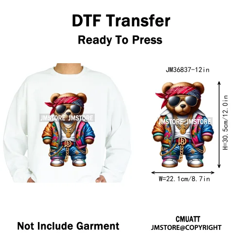 12in Hip Hop Vibes Urban Style Rich Bear With Gold Chains King Animal Iron on DTF Transfers Stickers Ready to Press for Textile