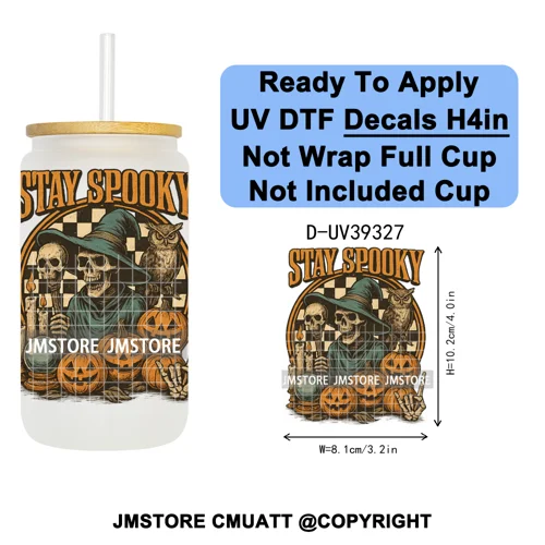 Stay Spooky Halloween Horror Pumpkin Coquette UV DTF Decals Ready To Apply Waterproof Transfer Sticker For 16OZ Libbey Glass Can