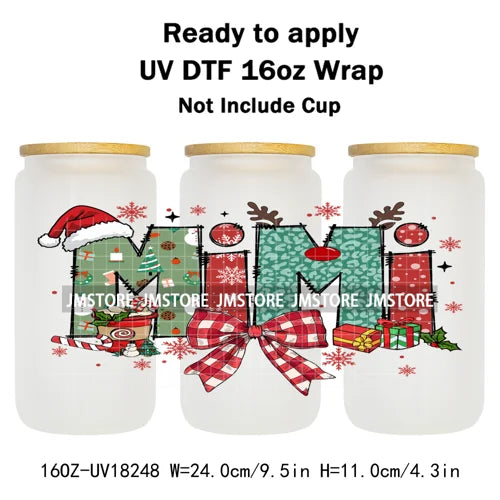 Christmas Mama Mini Coquette Family Xmas 16OZ UV DTF Cup Wraps Ready To Apply Waterproof Transfer Stickers For Libbey Glass Can