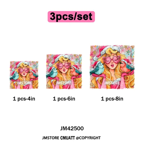 Glasses Cartoon Princess Animal Christmas Brushstroke Festive Vibes Iron on DTF Transfers Stickers Ready to Press for Hoodies