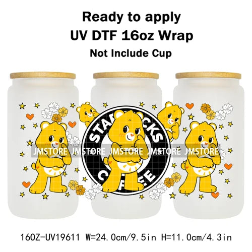 Cheerful Floral Hearts Cartoon Bears Clipart UV DTF Transfer Stickers Cup Tumbler Wrap For 16OZ Libbey Glass Bottle Cup Wraps