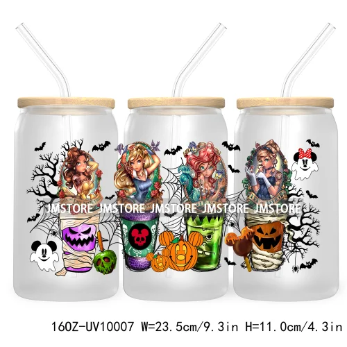 Halloween Coffee Cups UV DTF Sticker For 16OZ Libbey Glass Cup Can Cartoon Princess Wrap Transfer Stickers Custom Labels Logo