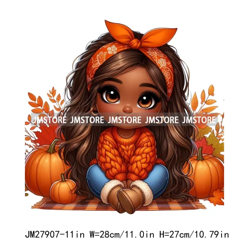 New Autumn Chibi Black Baby Girls Cartoon Afro Princess Pumpkin Fall Season DTF Iron On Heat Press Transfer Stickers For Hoodies