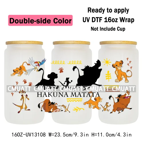 Double Side Color Cartoon Lion UV DTF Cup Wrap Transfer Stickers For 16oz Libbey Glass Beer Selfadhesive Waterproof Adhesive