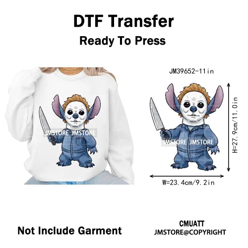 Spooky Scary Cute Cartoon Blue Animal Halloween Horror Vibes Iron on DTF Washable Transfers Stickers Ready to Press for Clothing