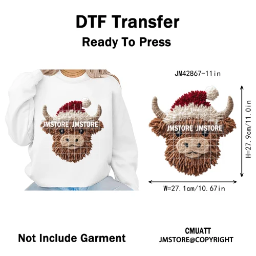Faux Latch Hook Yarn Crochet Christmas Highland Cow Santa Iron on DTF Washable Transfer Stickers Ready to Press for Garment Bags