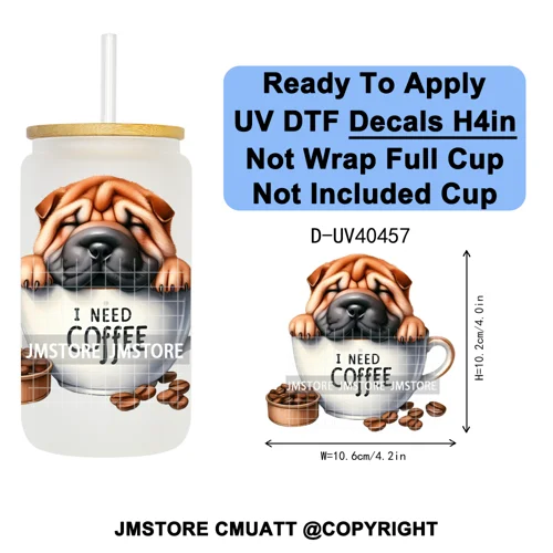 Puppy Coffee Dog Cartoon Pet Lover UV DTF Decals Ready To Apply Waterproof Transfer Stickers For 16OZ Libbey Glass Can Tumbler