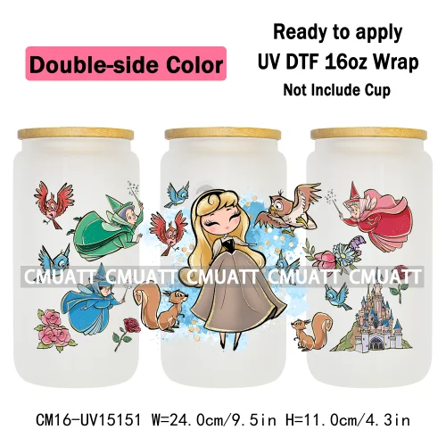 Double Sided Color UV DTF Cup Wraps 16OZ Bulk Waterproof Wholesale Custom Cartoon Cute Princess Mug Glass Water Bottles Sticker