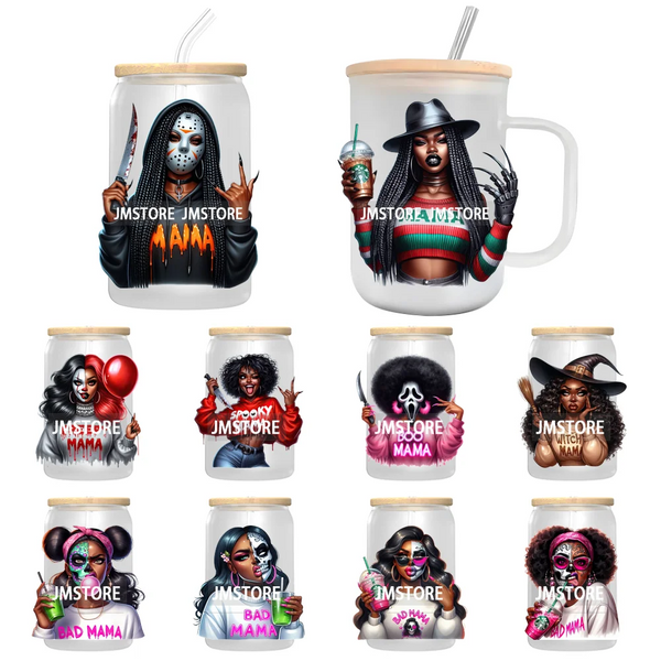 Bad Mama Killers Mom Halloween UV DTF Decals Ready To Apply Waterproof Transfer Stickers DIY Crafts For 16OZ Libbey Glass Can
