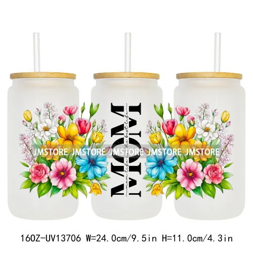 Strong Mom Butterfly Floral Mother's Day 16OZ UV DTF Cup Wraps Ready To Apply Waterproof Transfer Stickers For Libbey Glass Can