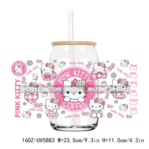 Flower Cartoon Cat With Pink Bow 16OZ UV DTF Cup Wrap Transfer Sticker Custom Label Durable Waterproof Logo For Libbey Glass Can