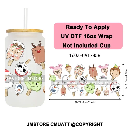 Christmas Cartoon Princess Merry Greenmas 16OZ UV DTF Cup Wraps Ready To Apply Waterproof Transfer Stickers For Libbey Glass Can