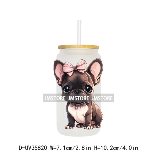 Cute Puppy Coquette Bow Baby Dog UV DTF Transfer Stickers Decals Ready To Apply Waterproof For 16OZ Libbey Glass Can Cup Tumbler