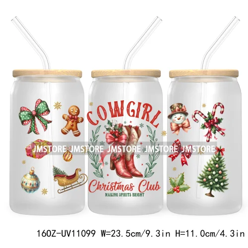 Candy Cane Christmas Club 16OZ UV DTF Cup Wrap Waterproof Transfer Stickers For Libbey Glass Can Football Mom Game Day Christmas