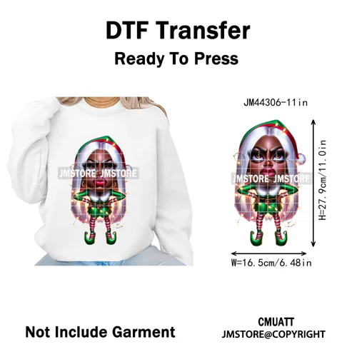 Sassy Black Girl Santa Christmas Bright Gingerbread Iron on Washable DTF Heat Transfers Stickers Ready to Press for Sweatshirts