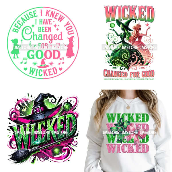 Witch Changed For Good Faux Glitter Pink and Green Movie Iron on DTF Washable Transfers Stickers Ready to Press for Clothes Bags