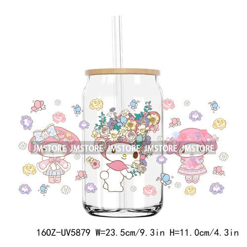 Flower Cartoon Cat With Pink Bow 16OZ UV DTF Cup Wrap Transfer Sticker Custom Label Durable Waterproof Logo For Libbey Glass Can