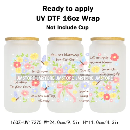 Coquette Floral Self Love Affirmations UV DTF Stickers Ready To Transfer Cup Wrap Custom Labels DIY Craft For Libbey Can Glass