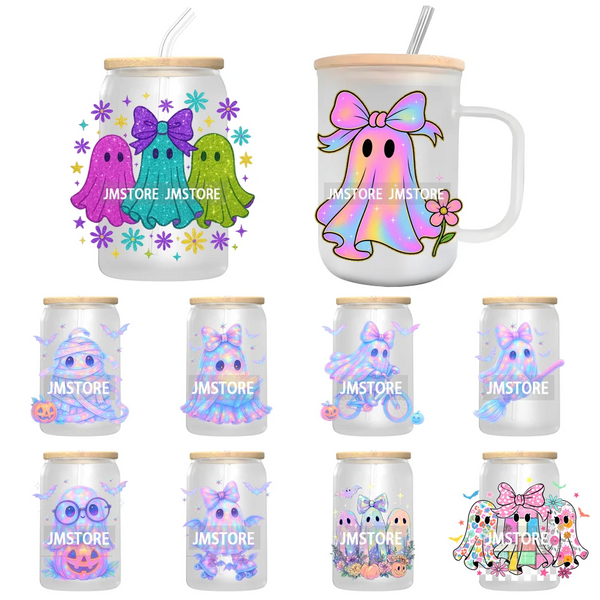 Iridescent Ghost Pumpkin Coquette Halloween UV DTF Transfer Stickers Decals Ready To Apply Waterproof For 16OZ Libbey Glass Can