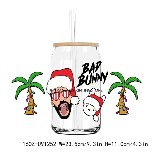 Bad Bunny Christmas 16OZ UV DTF Cup Wrap Transfers Stickers Custom Labels DIY Durable Waterproof Logo For Libbey Glass Can