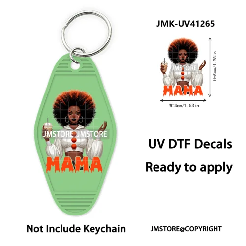 Black Girl Halloween Spooky Horror Mama UV DTF Motel Keychain Wraps Ready To Apply Waterproof High Quality Hotel Keychain Decals