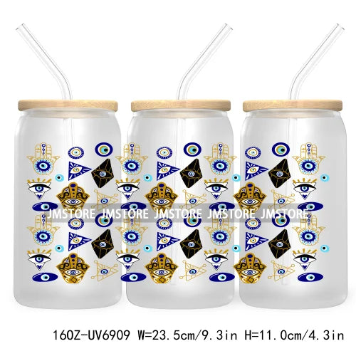 Blue Evil Eye 16OZ UV DTF Cup Wrap Transfers Stickers For Libbey Glass Can Cups Tumbler Waterproof Craft Mexican Culture Wraps